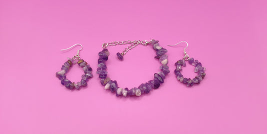 Σετ βραχιόλι σκουλαρίκια με μωβ ακανόνιστες πέτρες