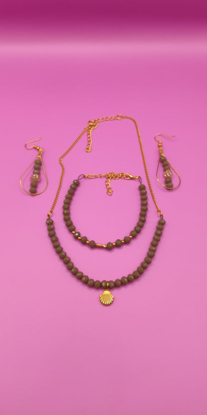 Σετ κολιέ βραχιόλι σκουλαρίκια με γκρι γυαλιστερές χάντρες