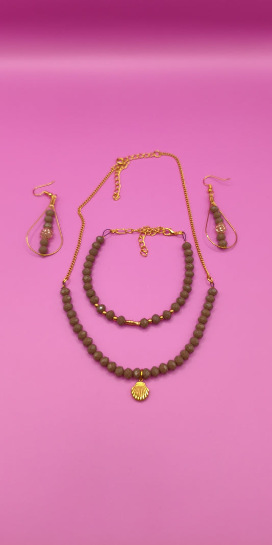 Σετ κολιέ βραχιόλι σκουλαρίκια με γκρι γυαλιστερές χάντρες