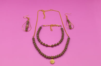 Σετ κολιέ βραχιόλι σκουλαρίκια με γκρι γυαλιστερές χάντρες