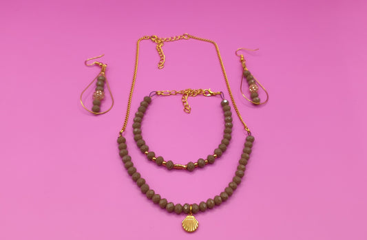 Σετ κολιέ βραχιόλι σκουλαρίκια με γκρι γυαλιστερές χάντρες