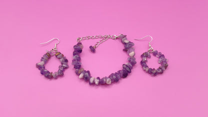 Σετ βραχιόλι σκουλαρίκια με μωβ ακανόνιστες πέτρες