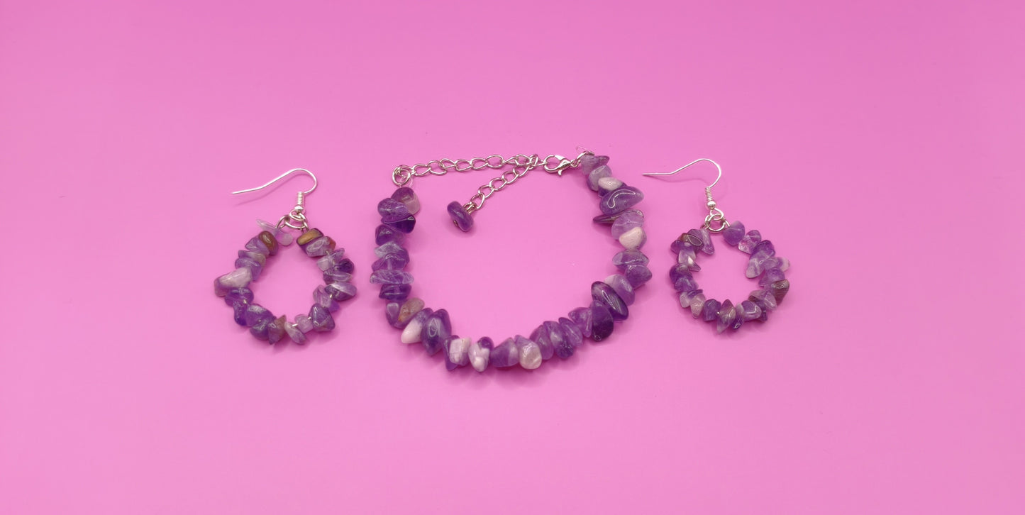 Σετ βραχιόλι σκουλαρίκια με μωβ ακανόνιστες πέτρες