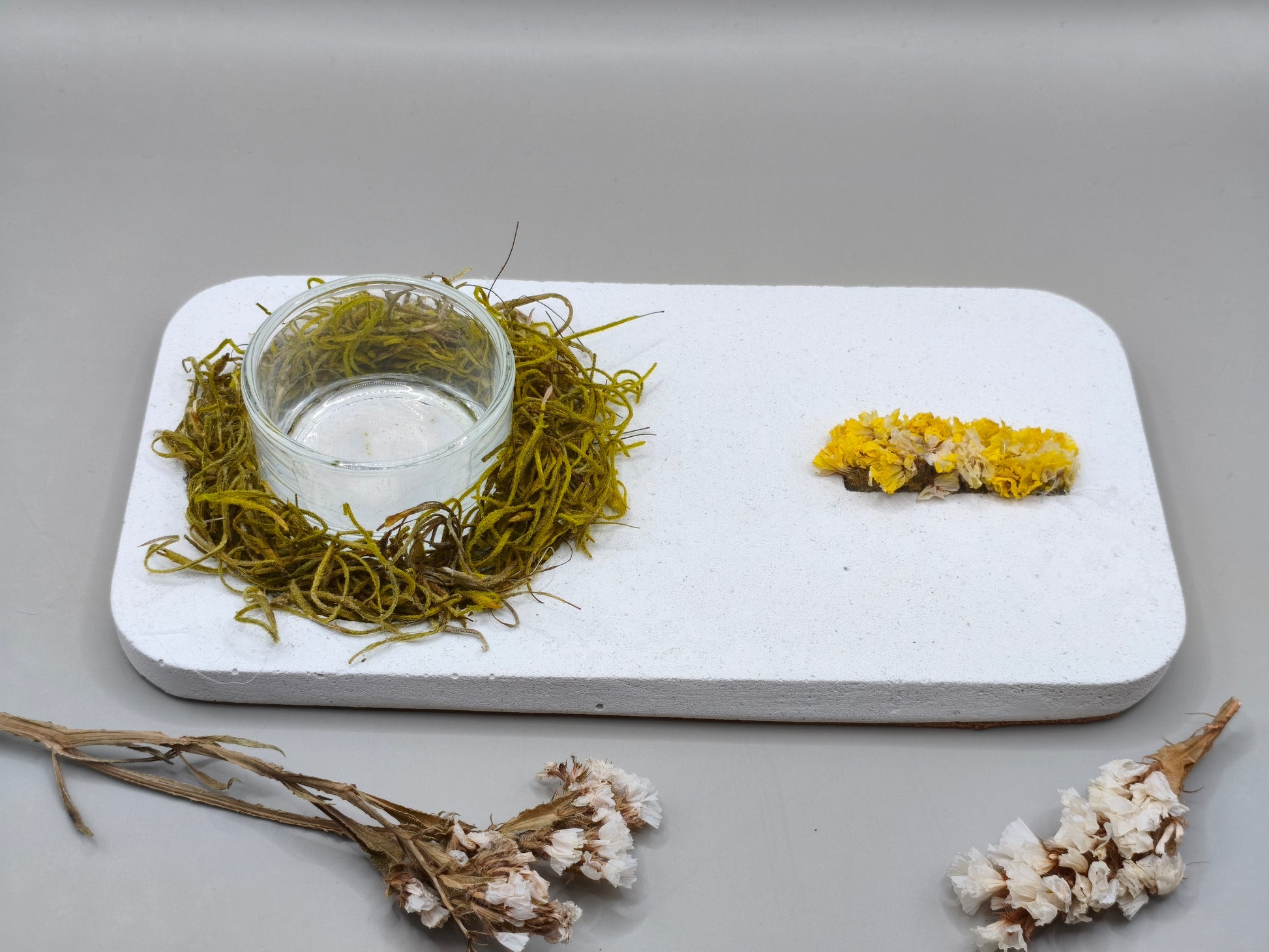 Γυάλινο ρεσώ με αφυδατωμένη βρύα και κίτρινα λουλούδια σε τσιμεντένια βάση