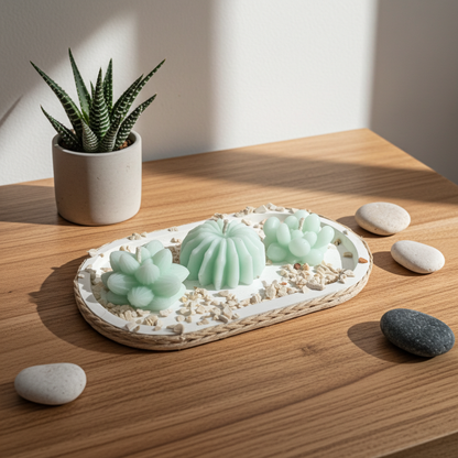 Σύνθεση με κεριά κακτάκια τοποθετημένα σε τσιμεντένια βάση σε ξύλινο τραπέζι