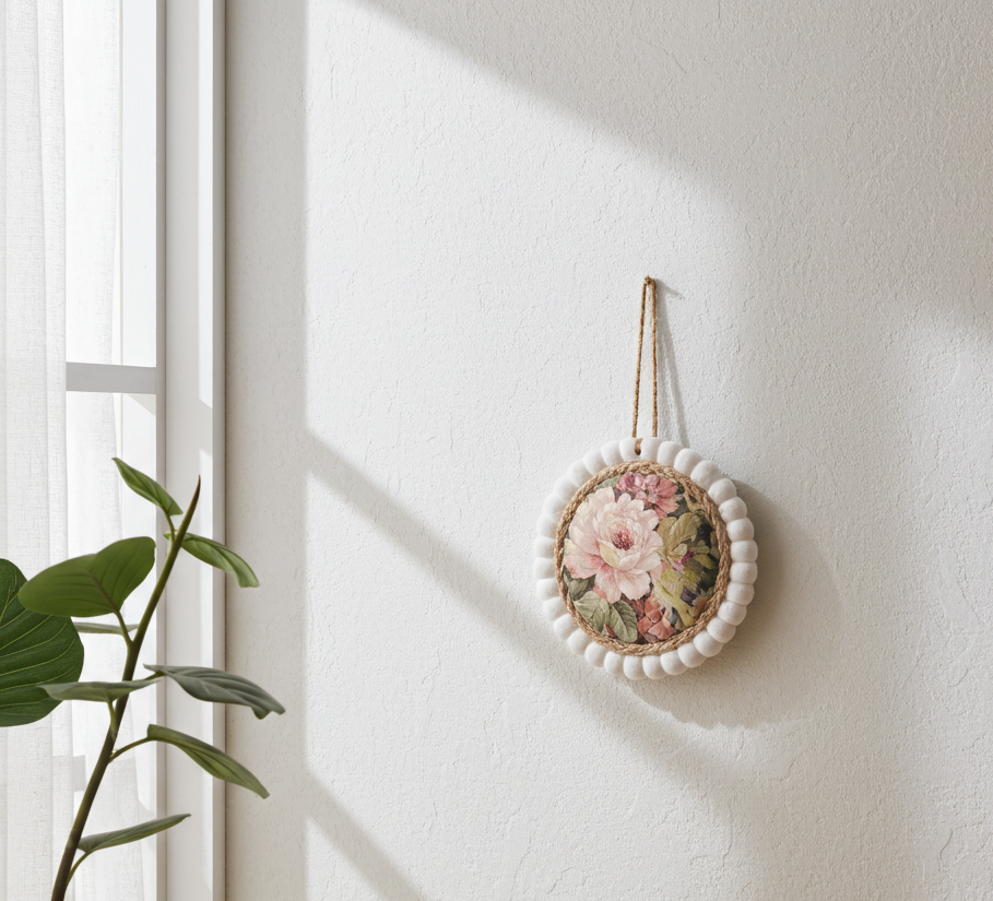 Στρογγυλό διακοσμητικό κρεμαστό τοίχου με λουλουδένιο ντεκουπάζ κρεμασμένο σε τοίχο δίπλα σε παράθυρο