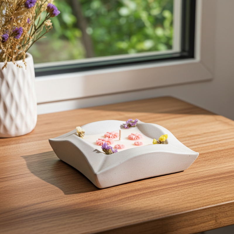 Κερί σόγιας με αποξηραμένα λουλούδια και μικρά ροζ κεράκια λουλούδια πάνω σε ξύλινο τραπέζι