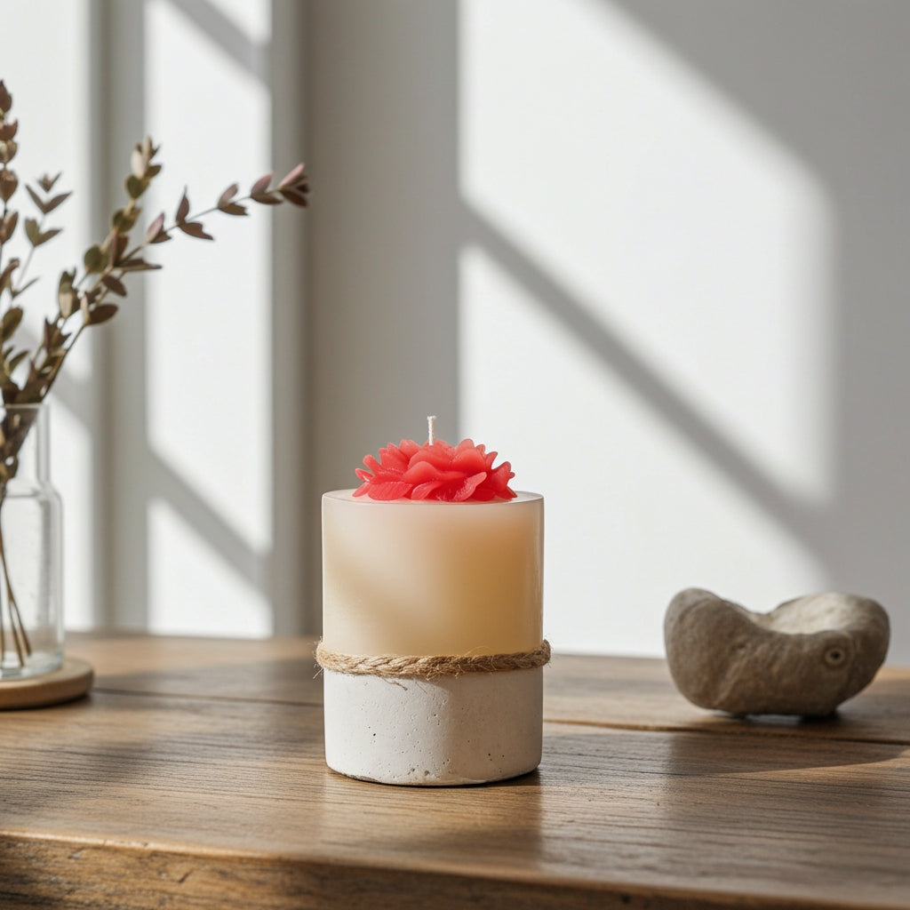 Χειροποίητο κερί με κόκκινο τριαντάφυλλο και τσιμεντένια βάση πάνω σε ξύλινο τραπέζι