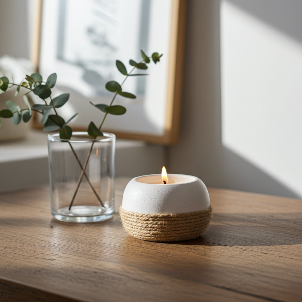 Τσιμεντένιο στρογγυλό ρεσώ με σχοινί πάνω σε ξύλινο τραπέζι αναμμένο