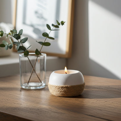 Τσιμεντένιο στρογγυλό ρεσώ με σχοινί πάνω σε ξύλινο τραπέζι αναμμένο