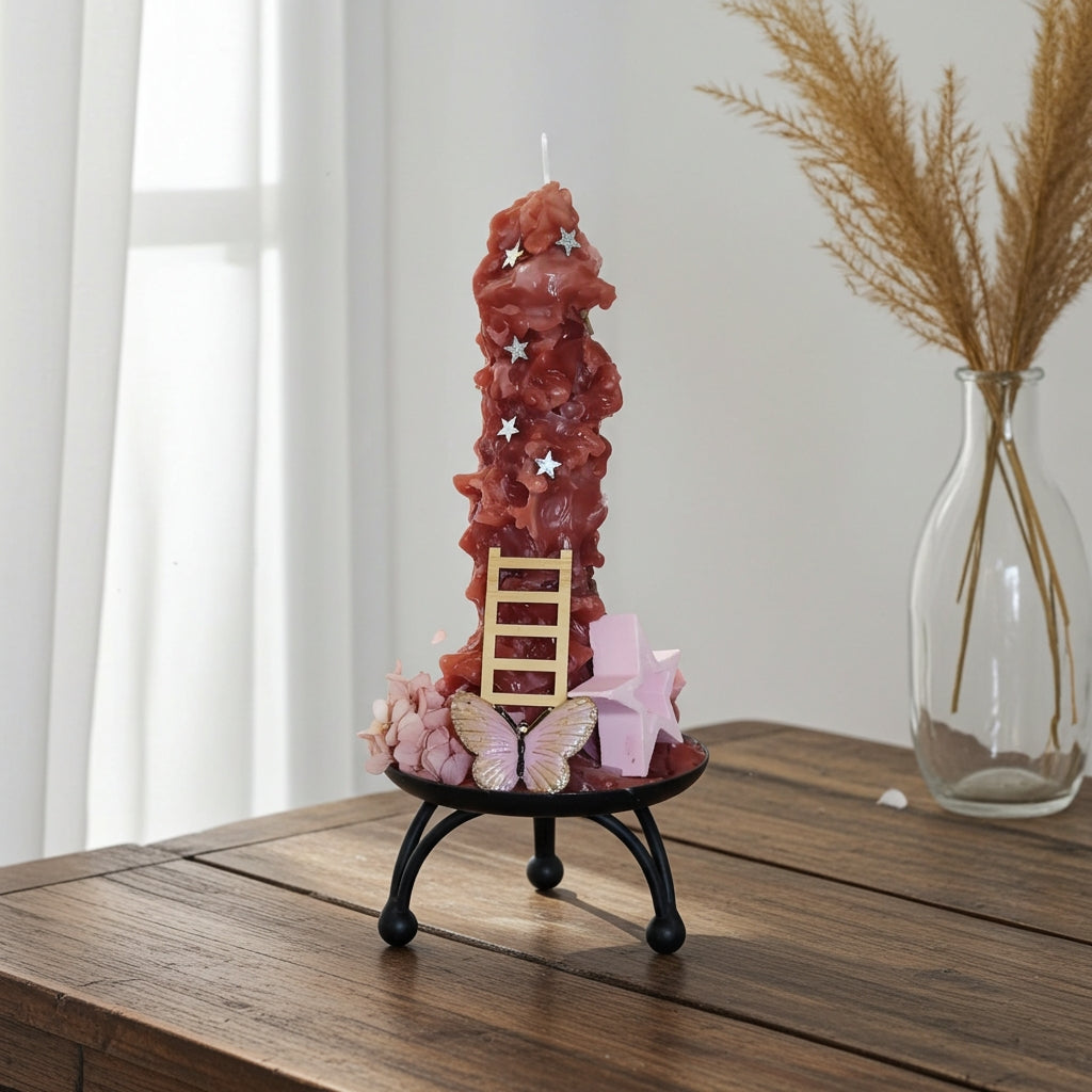 Χειροποίητη σύνθεση κεριού με λουλούδια και τσιμεντένιο αστέρι πάνω σε ξύλινο τραπέζι