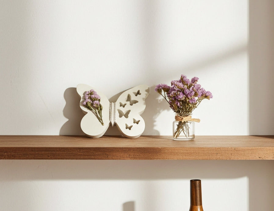 Διακοσμητική τσιμεντένια πεταλούδα πάνω σε ξύλινο ράφι