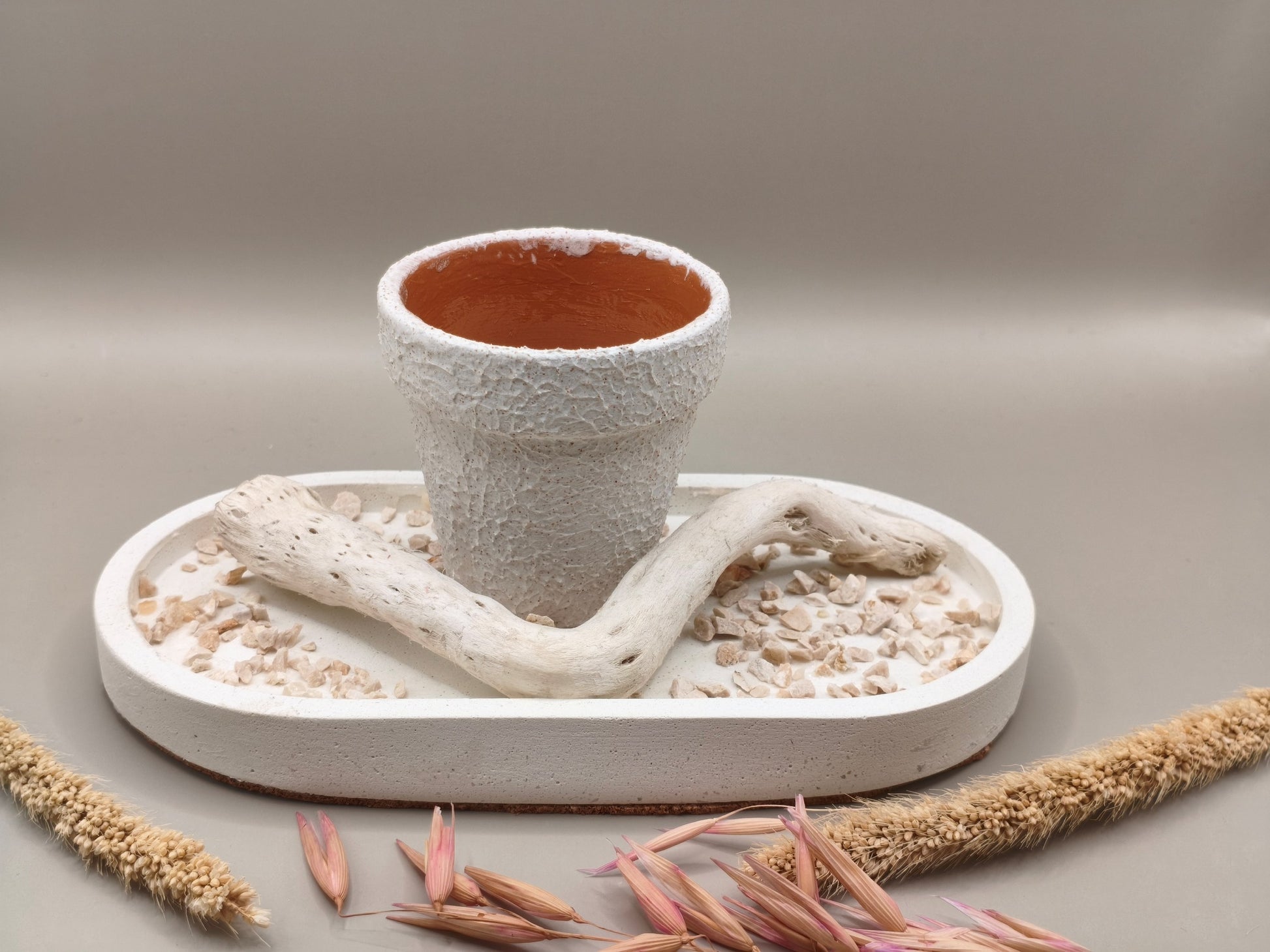 Διακοσμητικό τσιμεντένιο πιατάκι με γλάστρα σε γκρι επιφάνεια