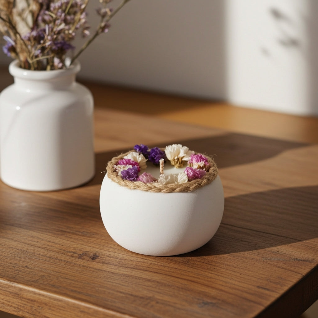 Κερί σόγιας σε λευκό τσιμεντένιο δοχείο με στεφάνι από μωβ και ροζ λουλούδια πάνω σε ξύλινο τραπέζι