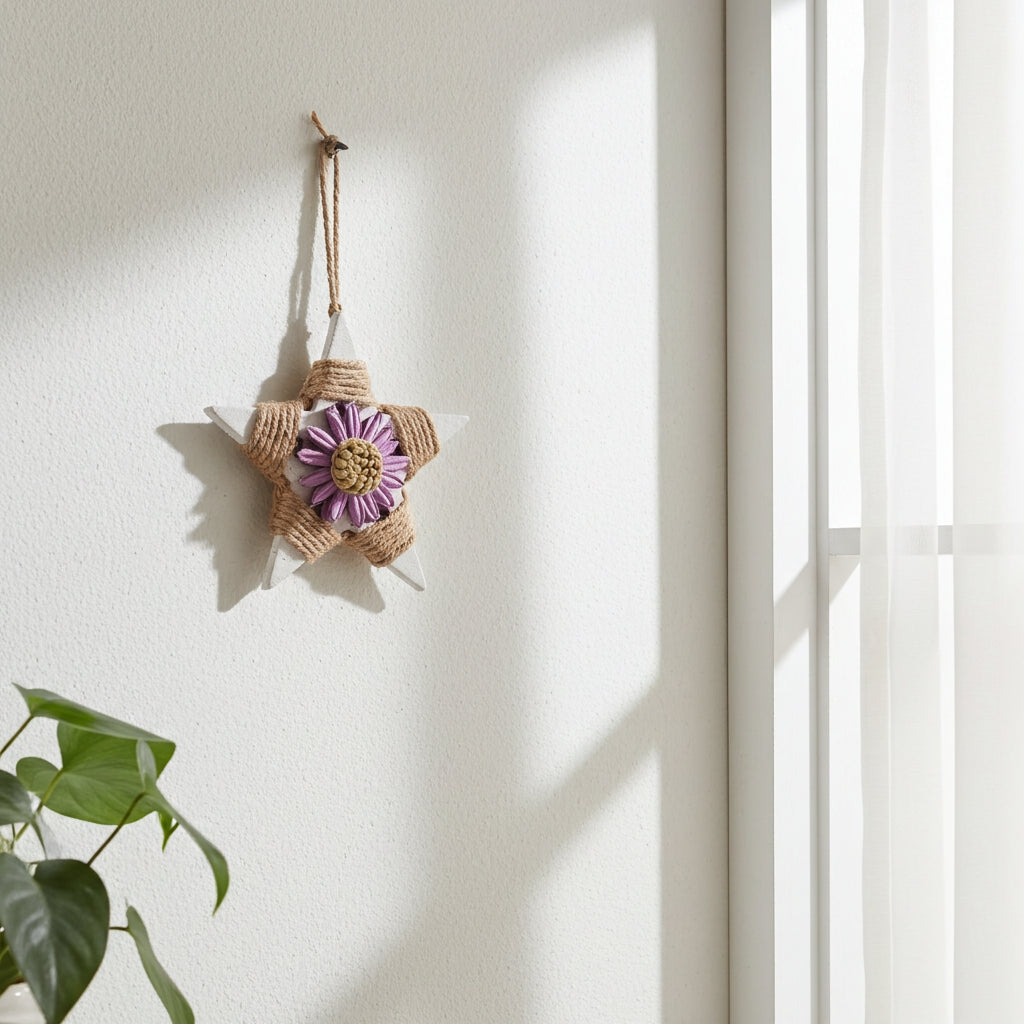 Τσιμεντένιο διακοσμητικό αστέρι με σχοινί σε τοίχο δίπλα σε παράθυρο