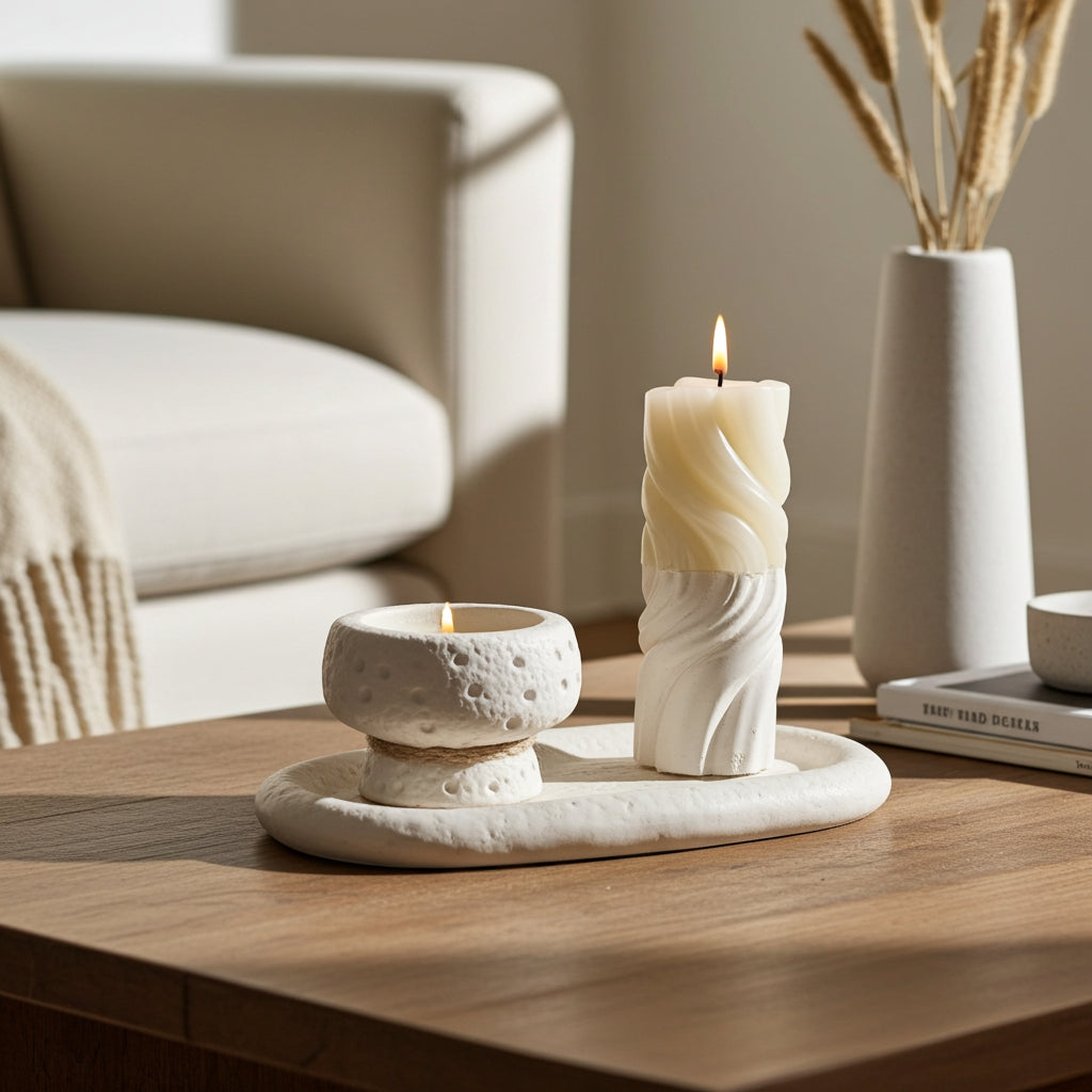 Decorative candles on a wooden table with a blurred background