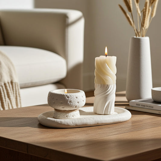 Decorative candles on a wooden table with a blurred background