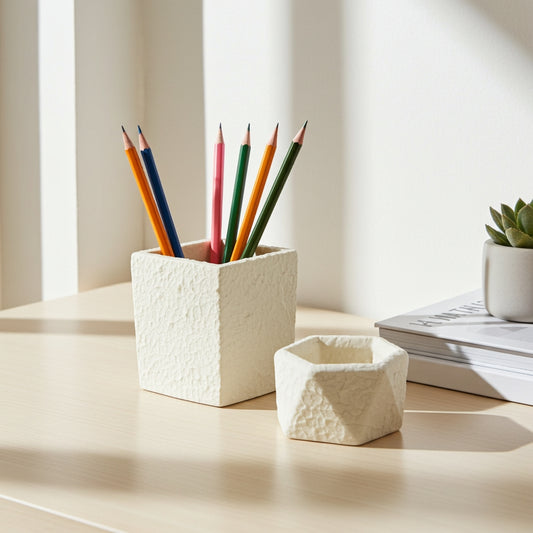 White textured pencil holder with colorful pencils on a desk