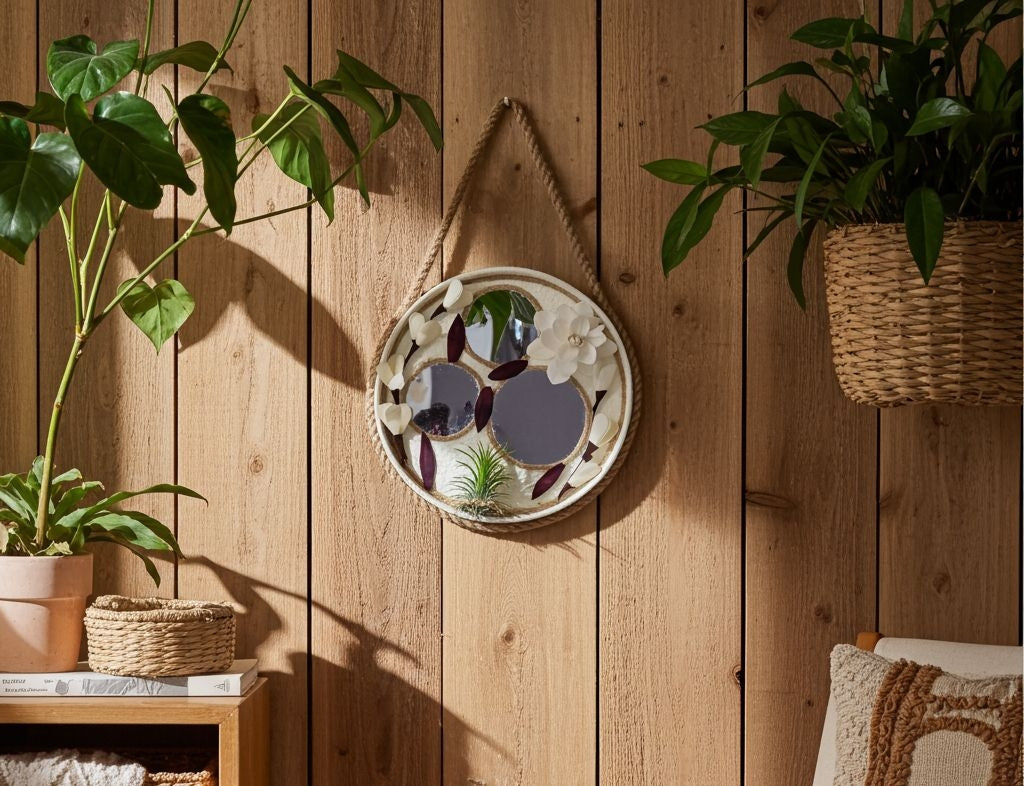 Decorative mirror with floral design hanging on a wooden wall with plants.