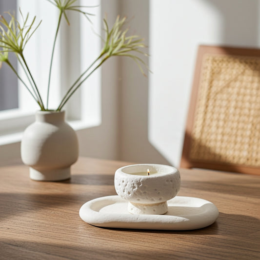 Cement candle holder on a wooden surface, with a vase and plant in the background.

