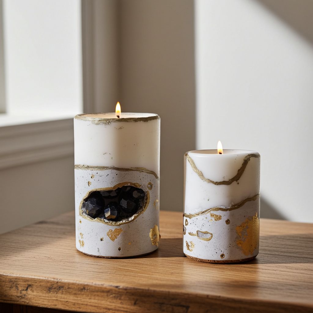 Κεριά σόγιας με τσιμεντένια βάση πάνω σε ξύλινο τραπέζι