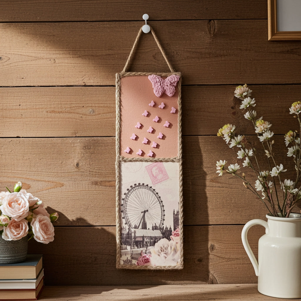 Ξύλινο διακοσμητικό καδράκι με τσιμεντένιες πεταλούδες σε ξύλινο τοίχο