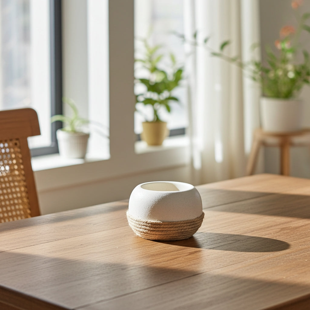 Τσιμεντένιο στρογγυλό ρεσώ με σχοινί πάνω σε ξύλινο τραπέζι