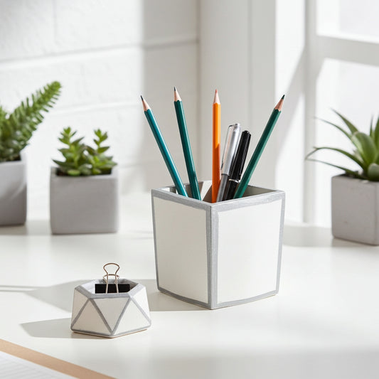 Geometric pen holder with pens on a desk with plants in the background