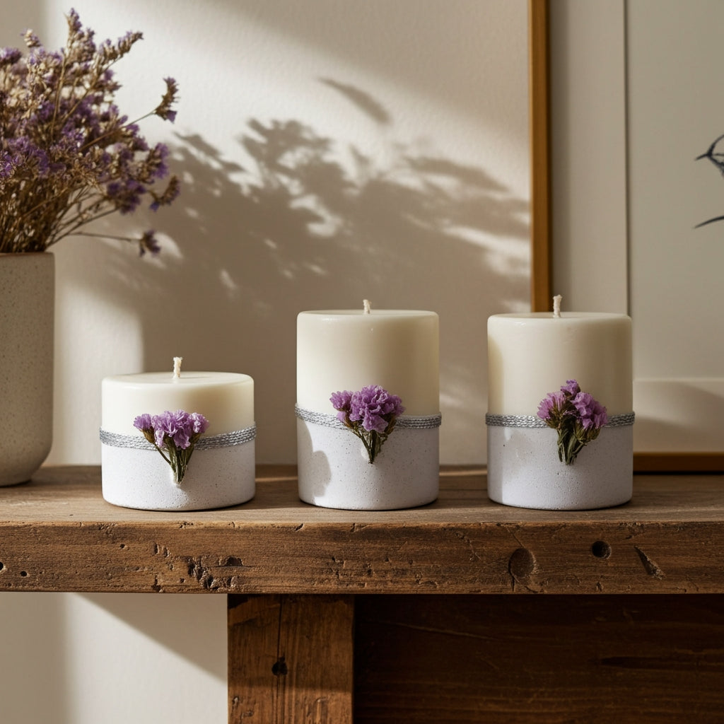 Σετ τριών λευκών κεριών με τσιμεντένια βάση πάνω σε ξύλινο τραπέζι
