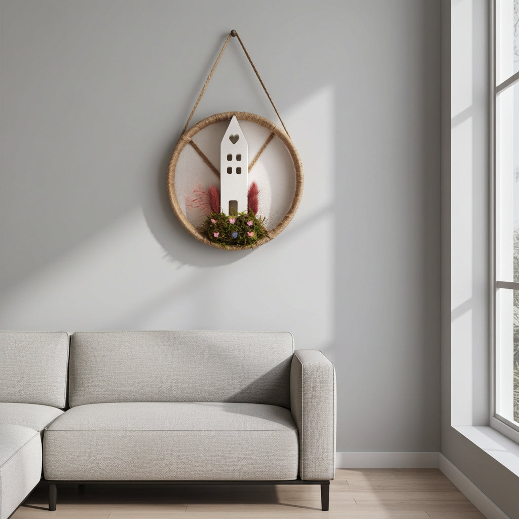 Ξύλινο κρεμαστό με τσιμεντένιο σπίτι και βρύα κρεμασμένο σε τοίχο