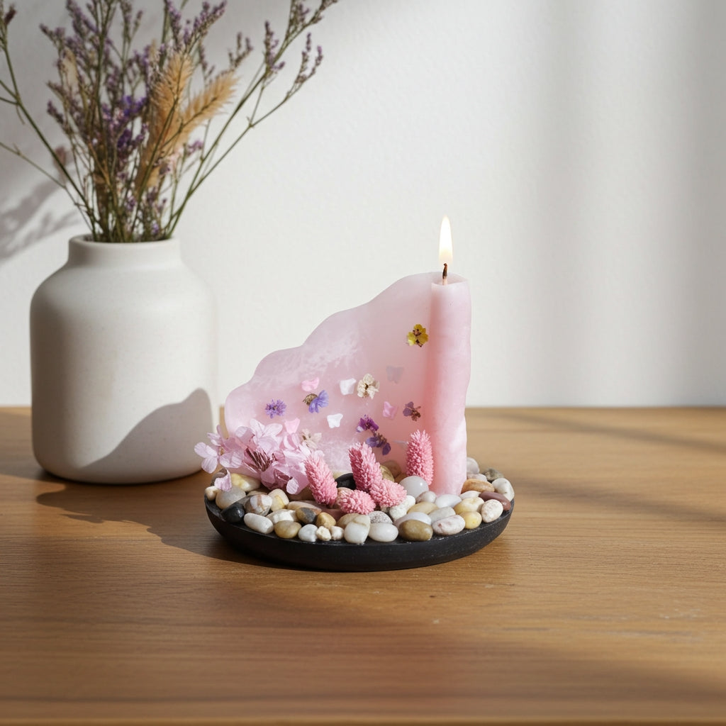 Ροζ παστέλ κερί με πεταλούδες & αποξηραμένα λουλούδια πάνω σε ξύλινο τραπέζι