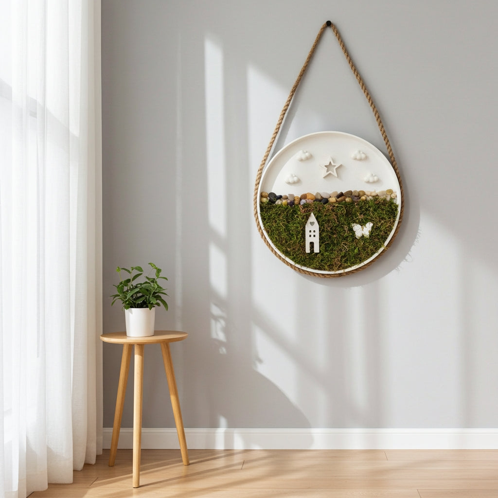 Τσιμεντένιος στρογγυλός δίσκος με αφυδατωμένα βρύα κρεμασμένος σε γκρι τοίχο 