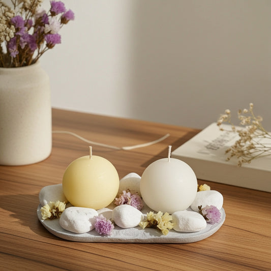 Κεριά πάνω σε τσιμεντένια βάση διακοσμημένα με πέτρες πάνω σε ξύλινο τραπέζι