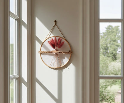 Κρεμαστό διακοσμητικό με αποξηραμένα pampas κρεμασμένο σε τοίχο δίπλα σε παράθυρο