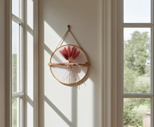 Κρεμαστό διακοσμητικό με αποξηραμένα pampas κρεμασμένο σε τοίχο δίπλα σε παράθυρο