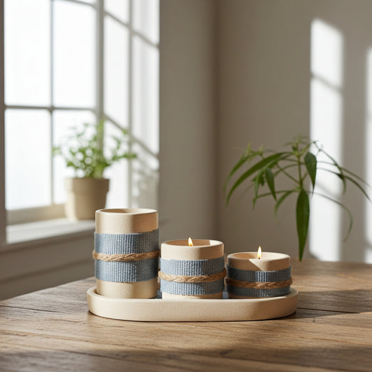 Τριπλό τσιμεντένιο διακοσμητικό ρεσώ πάνω σε ξύλινο τραπέζι