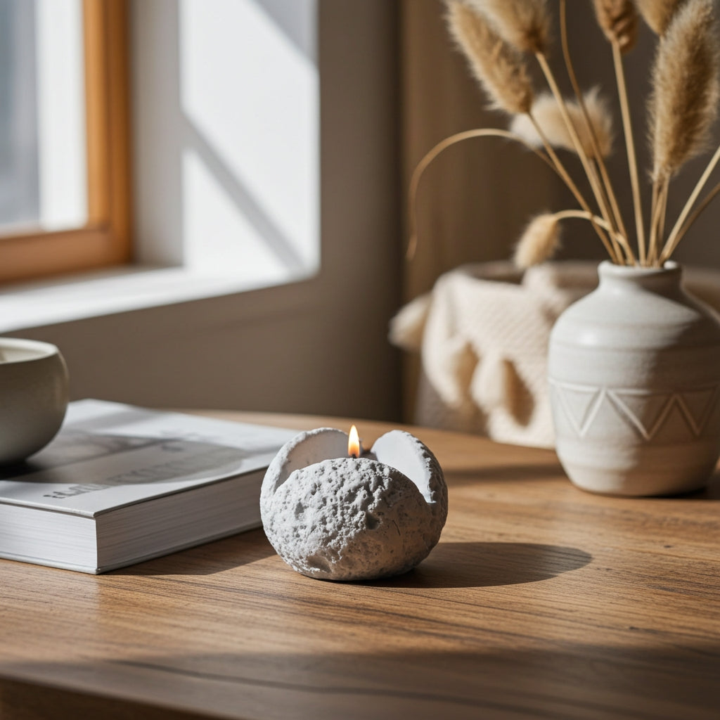Τσιμεντένιο κερί σόγιας σε σχήμα σελήνης σε ξύλινο τραπεζάκι