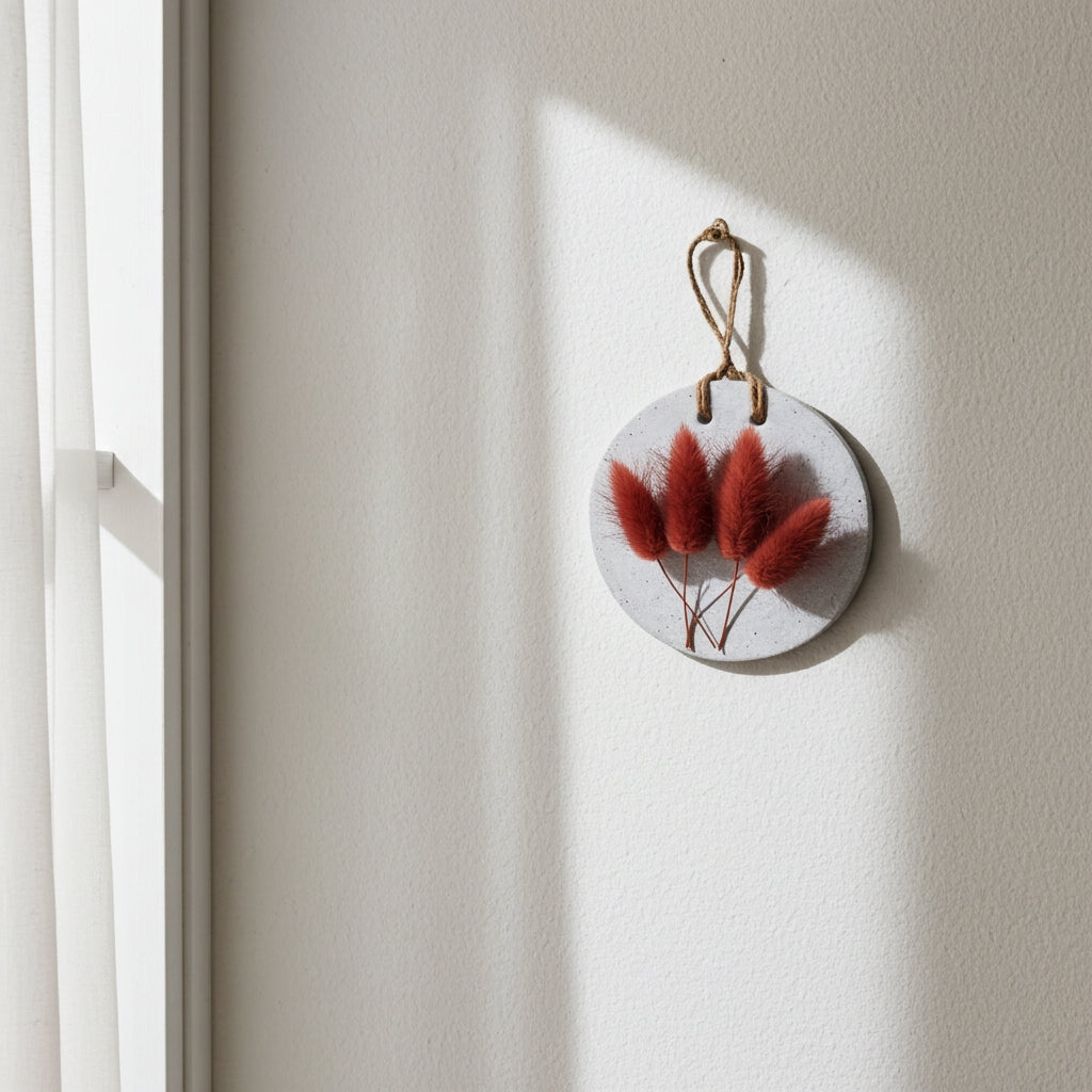 Τσιμεντένιο διακοσμητικό τοίχου με αποξηραμένα λουλούδια σε τοίχο