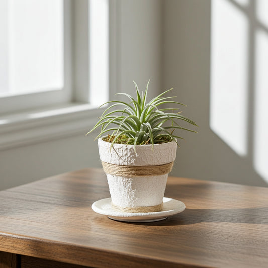 Γλαστρούλα με αερόφυτο πάνω σε τσιμεντένιο πιατάκι πάνω σε ξύλινο τραπέζι