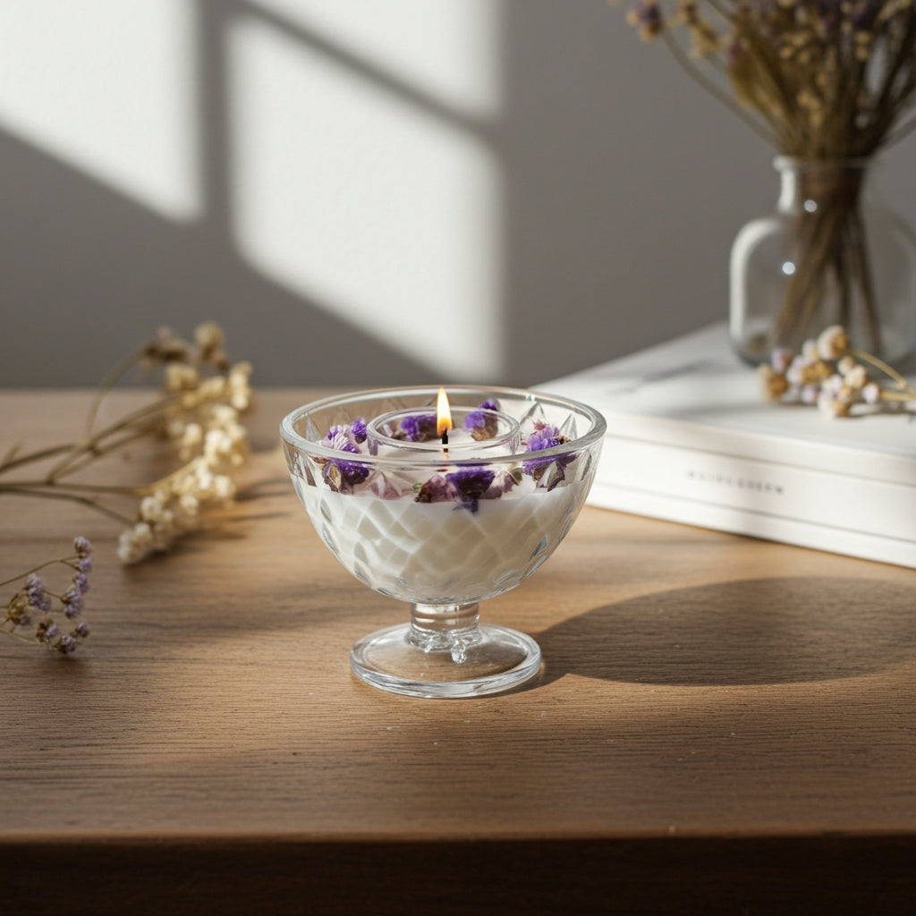 Glass bowl with a candle on a wooden surface with books and dried flowers in the background